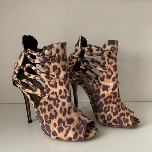 Leopard print open toe booties with cut out detailing